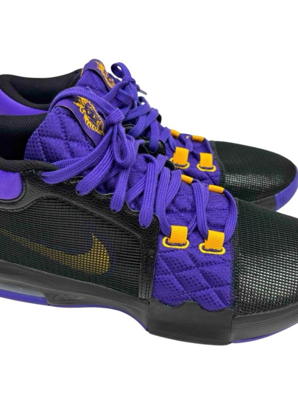 Nike LeBron Witness 8 Purple and Black Sneakers with Yellow Accents.
